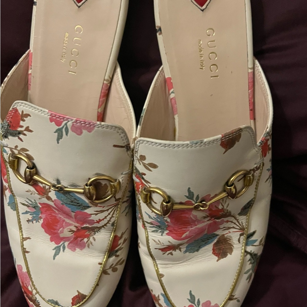 Gucci Floral Leather Horsebit Mules in Cream with Pink & Red Accents - Picture 7 of 13